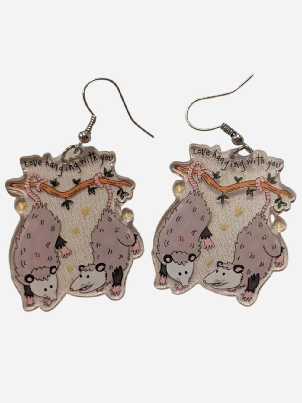 handmade possum earrings "love handing with you" brand new, never worn handmade